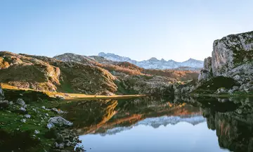 Scenic panoramic view of the Lakes of Covadonga in the Picos de Europa, Asturias.